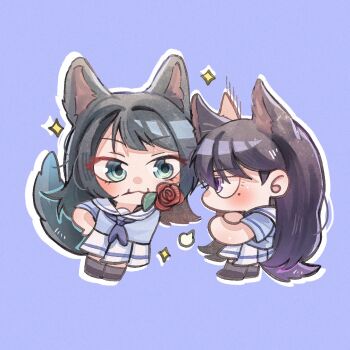 2girls animal_ears bang_dream! bang_dream!_it&#039;s_mygo!!!!! black_hair blue_eyes blue_shirt chibi chibi_only chinese_commentary commentary_request flower hanasakigawa_school_uniform highres kemonomimi_mode medium_hair mole mole_under_eye mouth_hold multiple_girls outline pleated_skirt purple_eyes rose sailor_collar school_uniform shiina_taki shirt skirt sparkle tail white_outline white_sailor_collar white_skirt wolf_ears wolf_girl wolf_tail yahata_umiri yoyoray20001996 yuri
