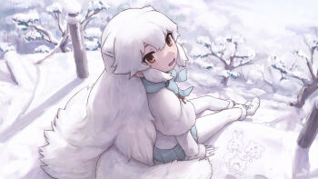 1girl animal_ears arctic_fox_(kemono_friends) arctic_hare_(kemono_friends) arctic_wolf_(kemono_friends) blue_bow blue_bowtie blue_skirt blush boots bow bowtie brown_eyes capelet chibi coat extra_ears fox_ears fox_girl fox_tail fur_trim gloves hair_between_eyes highres kemono_friends long_hair long_sleeves looking_at_viewer looking_back pantyhose pleated_skirt polar_bear_(kemono_friends) rumenia_(ao2is) sidelocks sitting skirt snow solo tail white_boots white_capelet white_coat white_fur white_gloves white_hair white_pantyhose winter