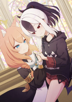 2girls absurdres animal_ear_fluff animal_ears aqua_neckerchief black_coat black_hair black_hoodie blue_archive blue_eyes blush cat_ears cat_girl church closed_mouth coat commentary_request demon_girl demon_horns demon_wings dress ear_piercing grey_halo hair_between_eyes halo highres holding_hands hood hoodie horns kayoko_(blue_archive) looking_at_another mari_(blue_archive) multiple_girls neckerchief orange_hair piercing ponytail red_eyes red_skirt shiroiurushi skirt smile white_dress white_hair wings yellow_halo yuri