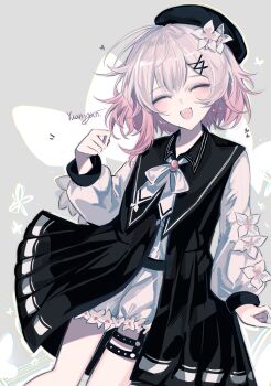 1girl :d absurdres beret black_dress black_hat bug butterfly closed_eyes cowboy_shot dress facing_viewer flower gradient_hair grey_background hair_flower hair_ornament hand_up hat highres insect long_sleeves mahou_shoujo_no_majo_saiban multicolored_hair neck_ribbon o-ring o-ring_thigh_strap open_mouth pink_hair pleated_dress ribbon sakuraba_ema short_hair shorts smile solo standing thigh_strap white_flower white_hair white_ribbon white_shorts wo_you_haoduo_yuanyan x_hair_ornament