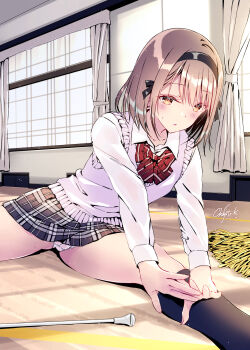 1girl black_ribbon blush bow bowtie brown_eyes brown_hair collared_shirt commentary_request crotch_seam curtains exercising feet_out_of_frame hair_ribbon headband highres kneehighs kobayashi_chisato leaning_forward long_sleeves looking_at_viewer looking_down on_floor original panties pantyshot plaid_clothes plaid_skirt pleated_skirt red_bow red_bowtie revision ribbon school_uniform shirt short_hair signature sitting skirt socks solo spread_legs stretching sweat sweater_vest thighhighs thighs underwear white_panties white_shirt