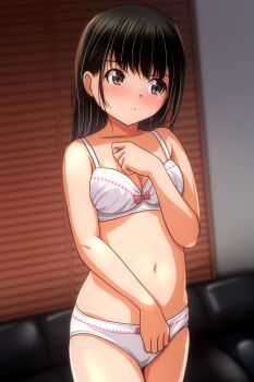 1girl absurdres bare_arms black_hair blush bra breasts brown_eyes cleavage collarbone couch highres indoors long_hair matsunaga_kouyou navel panties parted_lips sidelocks small_breasts solo standing underwear underwear_only white_bra white_panties window_blinds