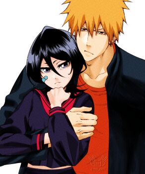 1boy 1girl absurdres bandaid bandaid_on_face black_hair black_jacket black_shirt bleach brown_eyes closed_mouth commentary hair_between_eyes highres jacket kuchiki_rukia kurosaki_ichigo long_sleeves looking_at_viewer mia_haie official_alternate_costume open_clothes open_jacket orange_hair purple_eyes red_sailor_collar red_shirt sailor_collar school_uniform shirt symbol-only_commentary upper_body white_background
