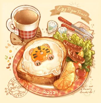 2022 animal-themed_food artist_name banner bread bread_slice breakfast cherry_tomato chinese_zodiac commentary cream_cheese cup english_commentary english_text food food_focus fork fried_egg fried_egg_on_toast fruit highres knife lettuce mug nao_(bestrollever) napkin no_humans notice_lines orange_(fruit) orange_slice original plate sausage shadow simple_background stamp_mark tea teabag toast tomato year_of_the_tiger yellow_background
