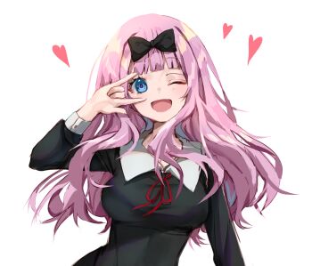 1girl ;d \m/ absurdres black_bow black_dress blue_eyes bow breasts commentary dress fujiwara_chika hair_bow heart highres kaguya-sama_wa_kokurasetai_~tensai-tachi_no_renai_zunousen~ ku-ini large_breasts long_hair long_sleeves looking_at_viewer neck_ribbon one_eye_closed open_mouth pink_hair red_ribbon ribbon school_uniform shuuchiin_academy_school_uniform simple_background smile solo upper_body white_background