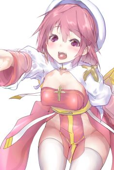 1girl arch_bishop_(ragnarok_online) blush breasts cameltoe cleavage commentary_request covered_erect_nipples cowboy_shot cross dress groin hat highres juliet_sleeves large_breasts leaning_forward long_sleeves looking_at_viewer medium_hair no_panties open_mouth pelvic_curtain pink_dress pink_hair puffy_sleeves purple_eyes ragnarok_online sash simple_background solo tam_(ragnarok_online) thighhighs two-tone_dress white_background white_dress white_hat white_thighhighs yellow_sash yuky_(cassis_powder)