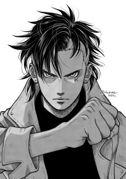 Rule 34 | 1boy, asymmetrical hair, boruto: two blue vortex, coat, commentary, earrings, eyebrow piercing, face piercing, furrowed brow, greyscale, highres, jewelry, kawaki (boruto), male focus, matsu (fu6ide2), monochrome, multicolored hair, naruto (series), piercing, solo, stud earrings, twitter username, two-tone hair, undercut