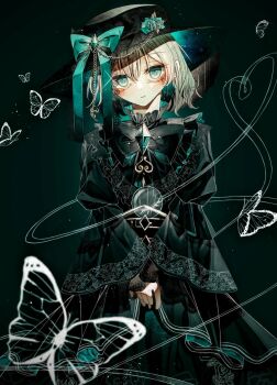 1girl alternate_costume black_bow black_dress black_hat blue_bow blue_flower blue_rose bow bowtie bug butterfly chain crest dress floral_print flower frilled_shirt_collar frills gothic_lolita green_eyes green_hair hashtag-only_commentary hat hat_bow heart heart_of_string highres insect juliet_sleeves komeiji_koishi lolita_fashion long_sleeves orec_0829 puffy_sleeves rose rose_print third_eye touhou