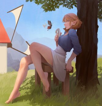 1girl absurdres against_tree bare_legs barefoot bench blonde_hair blue_shirt blue_sky braid breasts bug butterfly commentary crown_braid day elf english_commentary feet from_side full_body grass hair_ornament hand_up high-waist_skirt highres holding holding_notepad holding_pen insect knee_up leaf leaning_back legs light_brown_hair long_sleeves looking_at_another medium_breasts miniskirt nintendo notepad on_bench open_mouth outdoors painterly parted_bangs pen pointy_ears princess_zelda profile shade shirt shirt_tucked_in short_hair sidelocks sitting skirt sky sleeves_past_wrists solo surprised sushoartworks the_legend_of_zelda the_legend_of_zelda:_breath_of_the_wild the_legend_of_zelda:_tears_of_the_kingdom tiptoes toes tree under_tree white_skirt windmill