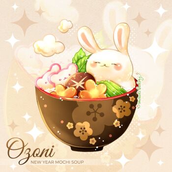 animal_focus artist_name bowl brown_background chocomiruki commentary_request english_text food food_focus halftone in_food leaf light_particles new_year no_humans noodles original rabbit ramen sparkle steam zoom_layer