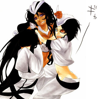 Rule 34 | 3girls, alternate eye color, alternate hair color, aqua eyes, arrancar, black hair, bleach, blunt bangs, bob cut, bustier, closed eyes, covering own mouth, cyan sung-sun, dark-skinned female, dark skin, emilou apacci, fangs, fighting, franceska mila rose, gloves, heterochromia, horns, long hair, long sleeves, midriff, multiple girls, nail polish, open mouth, purple eyes, purple nails, red eyes, short hair, single horn, skull, sweatdrop, white gloves, youda