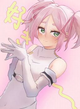 closed_mouth dress elbow_gloves gloves green_eyes highres momo_(virgin_road) own_hands_together pink_hair polucky shokei_shoujo_no_virgin_road short_twintails sleeveless sleeveless_dress smile solo text_background twintails white_gloves