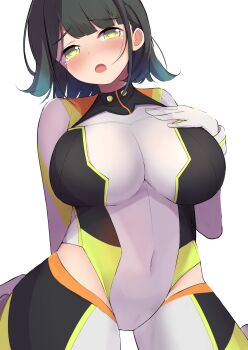 1girl black_hair blue_hair blush bodysuit breasts clothing_cutout commentary_request cosplay covered_navel flipped_hair gradient_hair green_eyes grey_bodysuit highres hip_vent kaudon large_breasts link!_like!_love_live! long_sleeves love_live! momose_ginko momose_ginko_(gaming_event_cosplay) multicolored_hair official_alternate_costume official_alternate_hair_color open_mouth short_hair simple_background sitting skin_tight virtual_youtuber wariza white_background