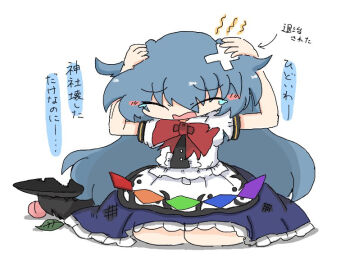 bandaid bandaid_on_head black_hat blue_hair blue_skirt blush_stickers bow bowtie commentary_request full_body hands_on_own_head hat hinanawi_tenshi kuuinusuki long_hair red_bow red_bowtie seiza short_sleeves simple_background sitting skirt torn_clothes torn_hat touhou translation_request white_background