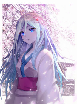 1girl absurdres blue_eyes breasts character_request cleavage commentary_request flower gibagiba hair_between_eyes hair_flower hair_ornament highres japanese_clothes kimono long_hair monster_strike obi open_mouth pink_flower pink_sash sash snow snowing solo