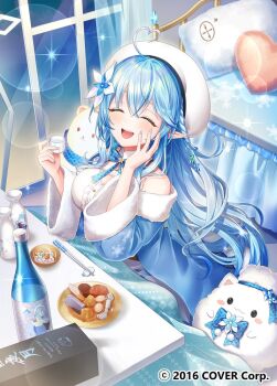 1girl ahoge alcohol bed bedroom beret blue_bow blue_bowtie blue_coat blue_hair blue_nails bottle bow bowtie breasts center_frills chopsticks cleavage_cutout closed_eyes clothing_cutout coat commentary_request copyright_notice crossed_bangs cup daifuku_(yukihana_lamy) double-parted_bangs frilled_shirt frills fur-trimmed_coat fur_trim gari_(apollonica) hair_between_eyes hair_ornament hands_up hat heart heart_ahoge holding holding_cup hololive indoors kotatsu large_breasts long_hair multicolored_hair nail_polish off_shoulder official_art open_mouth plaid_bow plaid_bowtie plaid_clothes pointy_ears sake sake_bottle shirt sitting sleeveless sleeveless_shirt smile snowflake_hair_ornament snowflake_print solo streaked_hair table teeth tokkuri under_kotatsu under_table upper_teeth_only very_long_hair virtual_youtuber white_hat white_shirt yukihana_lamy yukihana_lamy_(1st_costume) yukimin_(yukihana_lamy)