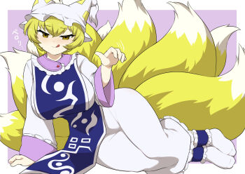 1girl blonde_hair bonobo_(odenokaz) border breasts come_hither dress facing_viewer fox_girl fox_tail hat highres large_breasts licking_lips looking_at_viewer lying mob_cap naughty_face on_side purple_background seducing_viewer seductive_face seductive_gaze seductive_smile seductress short_hair smile socks solo tail thick_thighs thighs tongue tongue_out touhou waving white_border wide_hips yakumo_ran yellow_eyes