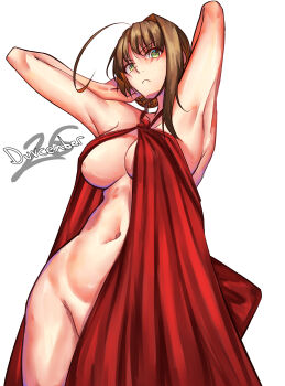 1girl absurdres ahoge antenna_hair braid breasts brown_hair bun_with_braided_base cleavage commentary dated duvalie eiyuu_densetsu english_commentary english_text green_eyes hair_between_eyes hair_bun highres large_breasts moren_eh navel nude sen_no_kiseki_(series) simple_background single_hair_bun single_hair_intake solo stomach upper_body white_background