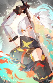 1girl absurdres arm_up armpits bandana bandana_around_neck bare_shoulders black_bandana black_gloves breasts broken_eyewear closed_mouth commentary_request fire gloves grey_background grey_sleeves hair_between_eyes highres holding holding_sword holding_weapon large_breasts looking_at_viewer orange-tinted_eyewear orange_visor ponytail red_eyes soldier_11_(zenless_zone_zero) solo sword tinted_eyewear upper_body weapon white_hair zenless_zone_zero zeroartwo