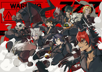 6+boys amaneryuusei animal_ears anton_ivanov asaba_harumasa banyue_(zenless_zone_zero) bear_boy bear_ears ben_bigger billy_kid black_hair black_pants black_shirt blonde_hair brown_fur closed_mouth commentary_request copyright_name english_text eous_(zenless_zone_zero) grin headband highres hugo_vlad komano_manato lighter_(zenless_zone_zero) long_hair looking_at_viewer looking_to_the_side multiple_boys non-humanoid_robot open_mouth pan_yinhu panda_boy panda_ears pants rabbit_ears robot robot_boy scar scar_across_eye scar_on_face seth_lowell shirt smile strap sunglasses von_lycaon white_fur white_hair wolf_boy wolf_ears zenless_zone_zero
