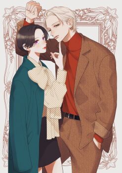 Rule 34 | 1boy, 1girl, arm above head, belt, black skirt, blue jacket, brown hair, brown jacket, brown pants, commentary request, couple, cover, earrings, finger on another's head, green eyes, hand in pocket, hand on another's chin, hetero, highres, ichimaru kohaku, jacket, jewelry, lips, long sleeves, looking at viewer, mika yamamori, official art, pants, parted bangs, parted lips, patterned clothing, polka dot, polka dot scarf, polka dot shirt, purple eyes, red lips, red shirt, red sweater, scarf, shirt, short hair, skirt, sleeves rolled up, sweater, takiguchi yoi, turtleneck, turtleneck sweater, uruwashi no yoi no tsuki, white background, white hair, yellow scarf, yellow shirt