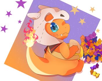 absurdres bag blue_eyes candy charmander claws closed_mouth commentary_request cosplay cubone cubone_(cosplay) fire flame-tipped_tail food food_on_face full_body gen_1_pokemon highres looking_at_viewer looking_back nintendo no_humans pokemon pokemon_(creature) satou_(7kaedenosatou) sitting solo star_(symbol) sweet_potato tail wrapped_candy