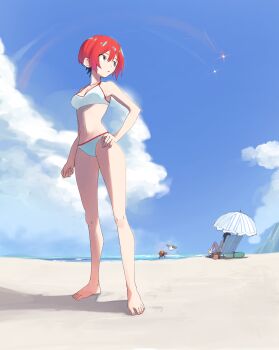 2girls absurdres amate_yuzuriha beach bikini fuse_gomame grey_eyes gundam gundam_gquuuuuux gym_uniform highres looking_to_the_side multiple_girls red_hair sky solo_focus swimsuit