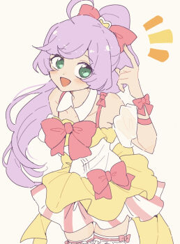 1girl :d ahoge bare_shoulders blush bow coattails commentary_request cowboy_shot detached_collar detached_sleeves dress green_eyes hair_bow hand_up highres layered_skirt long_hair looking_at_viewer manaka_laala multicolored_dress nojima_minami notice_lines open_mouth pink_bow pointing pointing_at_self ponytail pretty_series pripara puffy_detached_sleeves puffy_sleeves purple_hair short_dress simple_background skirt sleeveless sleeveless_dress smile solo standing thighhighs very_long_hair waist_bow white_background white_sleeves white_thighhighs
