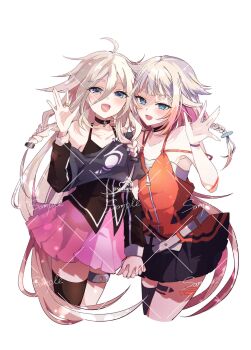 2girls asymmetrical_legwear bare_shoulders black_shirt black_skirt cevio choker commentary_request hair_between_eyes highres holding_hands ia_(vocaloid) long_hair long_sleeves looking_at_viewer medium_hair multicolored_hair multiple_girls one_(cevio) orange_shirt purple_skirt shirt skirt sotsunaku strapless thigh_strap tube_top two-tone_hair vocaloid waving white_hair
