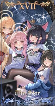 4girls absurdres after-school_sweets_club_(blue_archive) airi_(band)_(blue_archive) airi_(blue_archive) animal_ears animal_print black_choker black_hair black_jacket black_pantyhose blonde_hair blue_archive blue_jacket blush brown_hair cat_ears cat_girl cat_print choker clothes_around_waist colored_inner_animal_ears colored_inner_hair earclip earrings extra_ears green_eyes green_halo halo highres jacket jacket_around_waist jewelry kazusa_(band)_(blue_archive) kazusa_(blue_archive) long_hair looking_at_viewer low_twintails multicolored_hair multiple_girls multiple_rings natsu_(band)_(blue_archive) natsu_(blue_archive) official_alternate_costume official_alternate_hairstyle open_mouth pantyhose pink_hair pink_halo red_eyes ring shirt short_hair short_sleeves side_ponytail sidelocks skirt stud_earrings t-shirt twintails two-tone_hair white_shirt white_skirt yangyu_tudou_vv yellow_eyes yellow_halo yellow_jacket yoshimi_(band)_(blue_archive) yoshimi_(blue_archive)