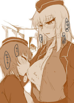 Rule 34 | 3girls, black jacket, breast sucking, breasts, closed eyes, commentary request, girls und panzer, greyscale, hat, highres, indoors, itsumi erika, jacket, kami ryuoo, kuromorimine military uniform, large breasts, looking at another, monochrome, multiple girls, nishizumi maho, nishizumi miho, open mouth, school uniform, shirt, short hair, standing, upper body, yuri