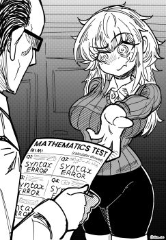 1boy 1girl @_@ academic_test artist_name bags_under_eyes bike_shorts breasts classroom commentary english_commentary english_text fang glasses greyscale highres large_breasts long_hair looking_at_another math mimi_(nhim) monochrome nhim original skin_fang sweater teacher