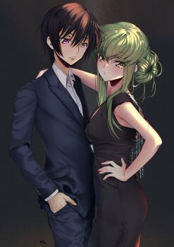 1boy 1girl absurdres alternate_costume alternate_hairstyle armpit_crease black_dress black_hair black_pants black_suit blush breasts budgiepon c.c. closed_mouth code_geass collared_shirt couple cowboy_shot dress formal_clothes green_hair hair_between_eyes hair_bun hair_over_shoulder hand_in_pocket hand_on_own_hip highres lelouch_vi_britannia long_hair looking_at_viewer medium_breasts pants parted_lips purple_eyes shirt short_hair sidelighting sidelocks simple_background single_hair_bun sleeveless sleeveless_dress suit white_shirt yellow_eyes