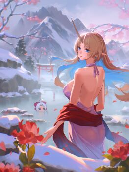 2girls absurdres back bare_shoulders blonde_hair blue_eyes blue_hair breasts carlotta_(wuthering_waves) colored_inner_hair commentary english_commentary fleurdelys_(wuthering_waves) highres horns large_breasts long_horns looking_at_viewer looking_back multicolored_hair multiple_girls mumu_(mumu_arttt) outdoors parted_lips pointy_ears sidelocks single_horn torii twitter_username wuthering_waves yellow_horns