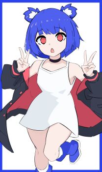 1girl absurdres animal_ear_fluff animal_ears arms_up bare_shoulders bear_ears bear_girl black_choker black_coat blue_border blue_hair blue_leg_warmers blue_shoes blunt_bangs blunt_ends blunt_sidelocks border breasts buttons center-flap_bangs choker coat commentary d: dot_nose double_v dress english_commentary eyebrows_hidden_by_hair fang feet_out_of_frame floating_clothes ghuler go!_go!_gris! gris_(go!_go!_gris!) head_tilt highres leg_warmers long_eyelashes long_sleeves looking_at_viewer multicolored_coat no_pupils off_shoulder open_clothes open_coat open_mouth puffy_long_sleeves puffy_sleeves raised_eyebrows raised_inner_eyebrows red_coat red_eyes shoes short_dress short_hair sidelocks sleeveless sleeveless_dress slip-on_shoes small_breasts socks solo standing standing_on_one_leg thick_eyelashes thighs two-sided_coat two-sided_fabric two-tone_coat unbuttoned v white_background white_dress white_socks wide-eyed wide_hips