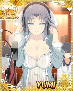 3girls arms_up black_hair blue_cardigan blue_eyes border bow breasts card_(medium) cardigan character_name cleavage closed_eyes closed_mouth game_cg grey_hair hair_bow half-closed_eyes hand_on_headphones headphones high_ponytail homura_(senran_kagura) ikaruga_(senran_kagura) large_breasts long_hair medium_hair microphone multiple_girls nervous official_art open_cardigan open_clothes ponytail recording recording_studio senran_kagura senran_kagura_new_wave shirt smile solo_focus striped_bow third-party_source very_long_hair voice_actor white_bow white_shirt yumi_(senran_kagura)