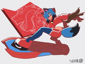 absurdres brand_new_animal brown_fur fengtheslayer furry furry_female hatching_(texture) highres hiwatashi_nazuna jacket kagemori_michiru linear_hatching ogami_shirou raccoon_girl red_jacket signature skateboard skateboarding tail tanuki