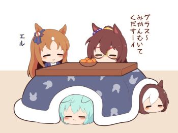 Rule 34 | 4girls, :3, animal ears, blue bow, blush, bow, bowl, brown hair, chibi, chibi only, closed eyes, closed mouth, commentary request, double-parted bangs, ear bow, ears down, el condor pasa (umamusume), eye mask, food, fruit, gomashio (goma feet), grass wonder (umamusume), green hair, hair between eyes, horse ears, horse girl, kotatsu, long hair, mandarin orange, mask, multicolored hair, multiple girls, no mouth, seiun sky (umamusume), short hair, smile, special week (umamusume), striped bow, table, translation request, two-tone hair, umamusume, white background