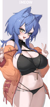 1girl absurdres animal_ear_fluff animal_ears arashi_(alais) bare_shoulders black_jacket black_panties blue_hair blush border bow breasts cat_ears cat_girl cleavage collarbone commentary crop_top crossed_bangs double_v english_commentary english_text gradient_background grey_background hair_between_eyes halterneck hands_up highres jacket large_breasts long_hair long_sleeves looking_at_viewer multi-strapped_panties navel off_shoulder open_mouth orange_jacket original outside_border panties pillarboxed red_bow sideboob sideless_outfit sidelocks simple_background slit_pupils smile solo standing stomach teeth thighs underwear upper_teeth_only v very_long_hair white_background white_border white_jacket yellow_eyes