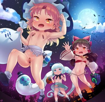 3girls animal ascot bag bandaid bandaid_on_pussy bandaids_on_nipples basket bat_(animal) black_bow black_bowtie black_hair black_hat black_shoes blue_eyes blue_hat blush born-to-die bottle bow bow_panties bowtie bra braid brown_hair building candy candy_basket collarbone detached_sleeves fang food fundoshi ghost green_skirt hair_bow hair_tubes hairband hakurei_reimu halloween halloween_bucket hat highres jack-o'-lantern japanese_clothes kirisame_marisa konpaku_youmu konpaku_youmu_(ghost) loli long_hair long_sleeves maebari mary_janes mask miko moon multiple_girls night nontraditional_miko open_mouth panties pasties pumpkin reaching reaching_towards_viewer red_bra red_eyes red_shoes running sack shoes short_hair skirt sky smile socks star_(sky) starry_sky sweatdrop top_hat topless_female touhou tree underwear white_hair white_panties white_skirt white_socks wide_sleeves wind wind_lift yellow_ascot yellow_eyes