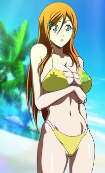 absurdres alternate_eye_color bare_shoulders beach bikini bleach breasts collarbone highres inoue_orihime large_breasts long_hair oldhorrorz orange_hair palm_leaf palm_tree parted_lips sand shiny_skin sky solo solo_focus standing swimsuit tree yellow_bikini