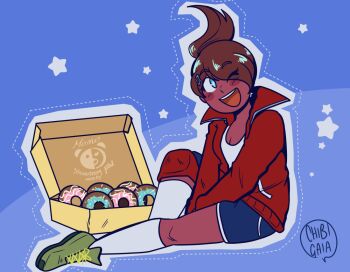 Rule 34 | 1girl, artist name, asahina aoi, blue background, blue eyes, blue shorts, blush, blush stickers, box, breasts, brown hair, chibigaia, cleavage, commentary, danganronpa: trigger happy havoc, danganronpa (series), dark-skinned female, dark skin, donut, dotted line, english commentary, eyelashes, food, full body, green shoes, hair ornament, hairclip, jacket, knee pads, kneehighs, monokuma, one eye closed, open box, open clothes, open jacket, open mouth, outline, pastry box, ponytail, red jacket, shoelaces, shoes, shorts, sitting, smile, socks, solo, sprinkles, star (symbol), teeth, upper teeth only, white outline, white socks