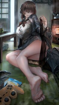 1girl absurdres barefoot brown_eyes brown_hair controller feet game_controller highres long_hair looking_at_viewer pantyhose parted_lips soleil_(soleilmtfbwy03) soles toes unworn_pantyhose