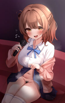 Rule 34 | 1girl, aamesawaa, blue ribbon, blue skirt, blush, breasts, brown cardigan, brown hair, cardigan, clothes lift, commentary request, female pubic hair, gakuen idolmaster, gradient hair, hanami ume, highres, holding, holding microphone, idolmaster, karaoke, large breasts, lifting own clothes, looking at viewer, microphone, multicolored hair, musical note, navel, neck ribbon, no panties, orange hair, presenting, pubic hair, ribbon, shirt, sitting, skirt, skirt lift, smile, solo, steaming body, stomach, thighhighs, thighs, white shirt, white thighhighs, wireless microphone