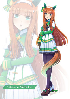 Rule 34 | 1girl, absurdres, animal ears, asymmetrical footwear, black bow, black gloves, black pantyhose, blunt bangs, blush, bow, character name, ear covers, full body, gloves, green eyes, green sailor collar, green sleeves, hairband, highres, hime cut, horse ears, horse girl, horse tail, konsu (konsu1182da), long hair, long sleeves, looking at viewer, mismatched footwear, orange hair, orange tail, pantyhose, parted lips, pleated skirt, sailor collar, shirt, silence suzuka (innocent silence) (umamusume), silence suzuka (umamusume), simple background, skirt, tail, umamusume, white background, white hairband, white shirt, white skirt, zoom layer