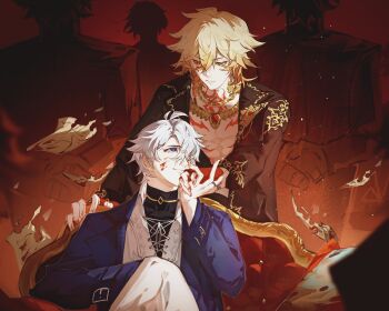 Rule 34 | 2boys, abs, antenna hair, black shirt, blonde hair, blood, blood on face, blood splatter, blue coat, blue eyes, braid, candy, chest tattoo, chinese commentary, coat, commentary request, earrings, facial tattoo, fingerless gloves, food, gloves, gold earrings, gold necklace, gradient hair, highres, honkai: star rail, honkai (series), jewelry, kerror028, male focus, medium hair, multicolored hair, multiple boys, mydei (honkai: star rail), mydei (nylon japan) (honkai: star rail), necklace, open clothes, open shirt, pants, parted bangs, phainon (honkai: star rail), phainon (nylon japan) (honkai: star rail), red gloves, red hair, red pants, red tattoo, shirt, short hair, side braid, tattoo, turtleneck, turtleneck shirt, white hair, white pants, white shirt, yellow eyes