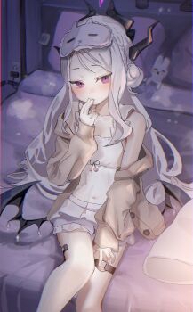 1girl bandaid_on_thigh bare_legs bare_shoulders bed bed_sheet black_horns black_wings blue_archive blush breasts brown_cardigan camisole cardigan coa_(35_seno) collarbone commentary_request covered_navel demon_girl demon_horns demon_wings dot_nose electric_plug electrical_outlet feet_out_of_frame fingers_to_mouth flat_chest hair_bun hair_over_shoulder hand_on_own_thigh hand_to_own_mouth hand_up heavy_breathing highres hina_(blue_archive) horns indoors loli long_hair long_sleeves low_wings mask mask_on_head multiple_horns navel nightgown o-ring o-ring_thigh_strap off_shoulder on_bed open_cardigan open_clothes pillow purple_eyes see-through_clothes shorts single_hair_bun single_side_bun sitting sleep_mask sleepwear small_breasts solo sticker stuffed_animal stuffed_rabbit stuffed_toy thigh_strap toy very_long_hair white_camisole white_hair white_shorts wing_ornament wings