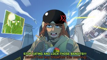 1boy 1girl ace_combat aerial_battle aircraft airplane battle canopy_(aircraft) chopsticks cockpit dogfight eating flight_suit food helmet highres holding holding_chopsticks holding_food mgguy noodles pilot pilot_helmet pilot_uniform project_wingman ramen