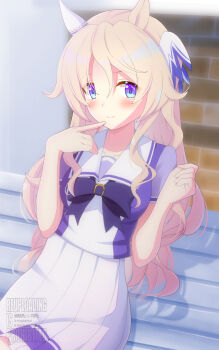 Rule 34 | 1girl, animal ears, blonde hair, blue eyes, blurry, blurry background, blush, breasts, closed mouth, commentary request, hair between eyes, hair ornament, highres, horse ears, horse girl, kanade1631, long hair, looking at viewer, school uniform, sitting, small breasts, smile, solo, tracen school uniform, umamusume, victoire pisa (umamusume), watermark