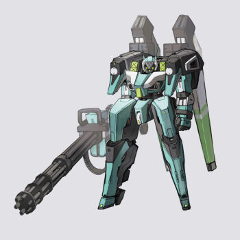 ammunition_belt antennae armor armored_core black_armor blue_armor crossover extra_eyes gatling_gun glowing glowing_eyes green_armor green_eyes gun hatsune_miku highres holding holding_gun holding_weapon kyou_(iuciferic) mecha mecha_focus mechanical_wings mechanization minigun multicolored_armor no_humans robot science_fiction vocaloid weapon white_armor wings